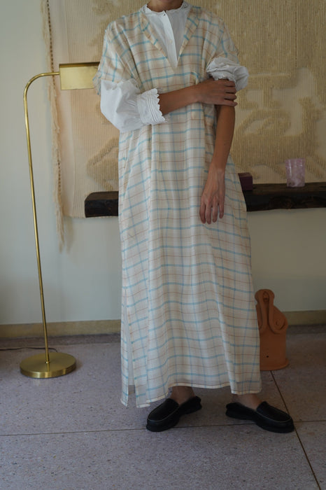 CRISTASEYA for PORT<br>CAFTAN DRESS<br>LIGHT BLUE/PINK CHECKS