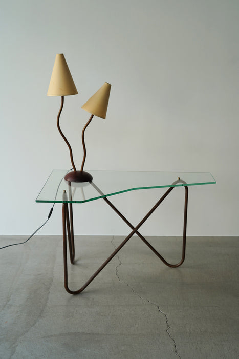 VINTAGE GLASS AND COPPER COFFEE TABLE<BR><BR>SOLD OUT