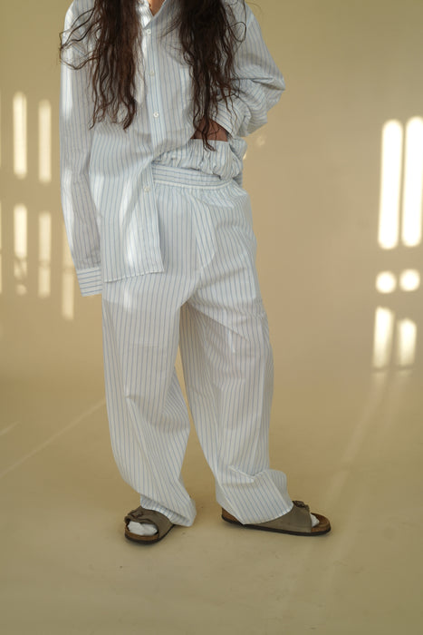 CRISTASEYA<br>MOROCCAN PYJAMA PANTS<br>in WHITE WITH BLUE STRIPES